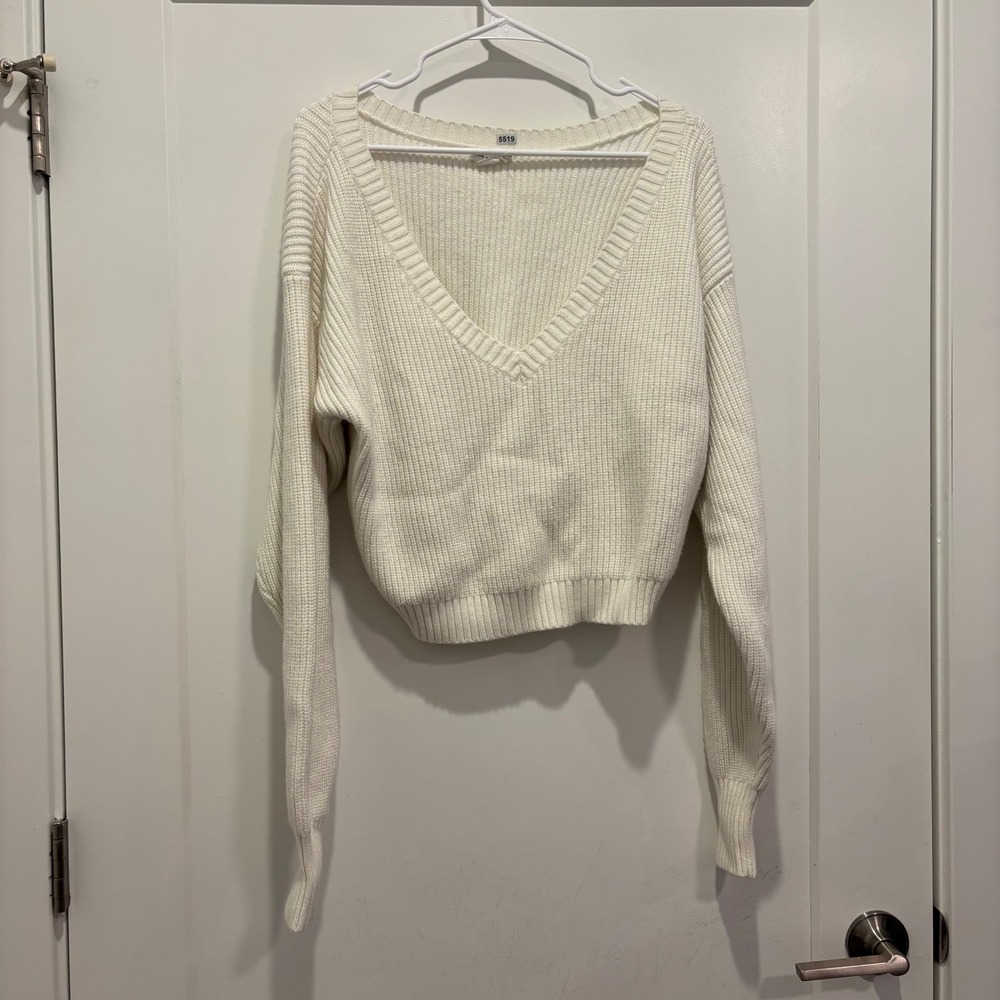Good American Ivory V-Neck Cropped Rib Knit Sweater GSK0294 Size S